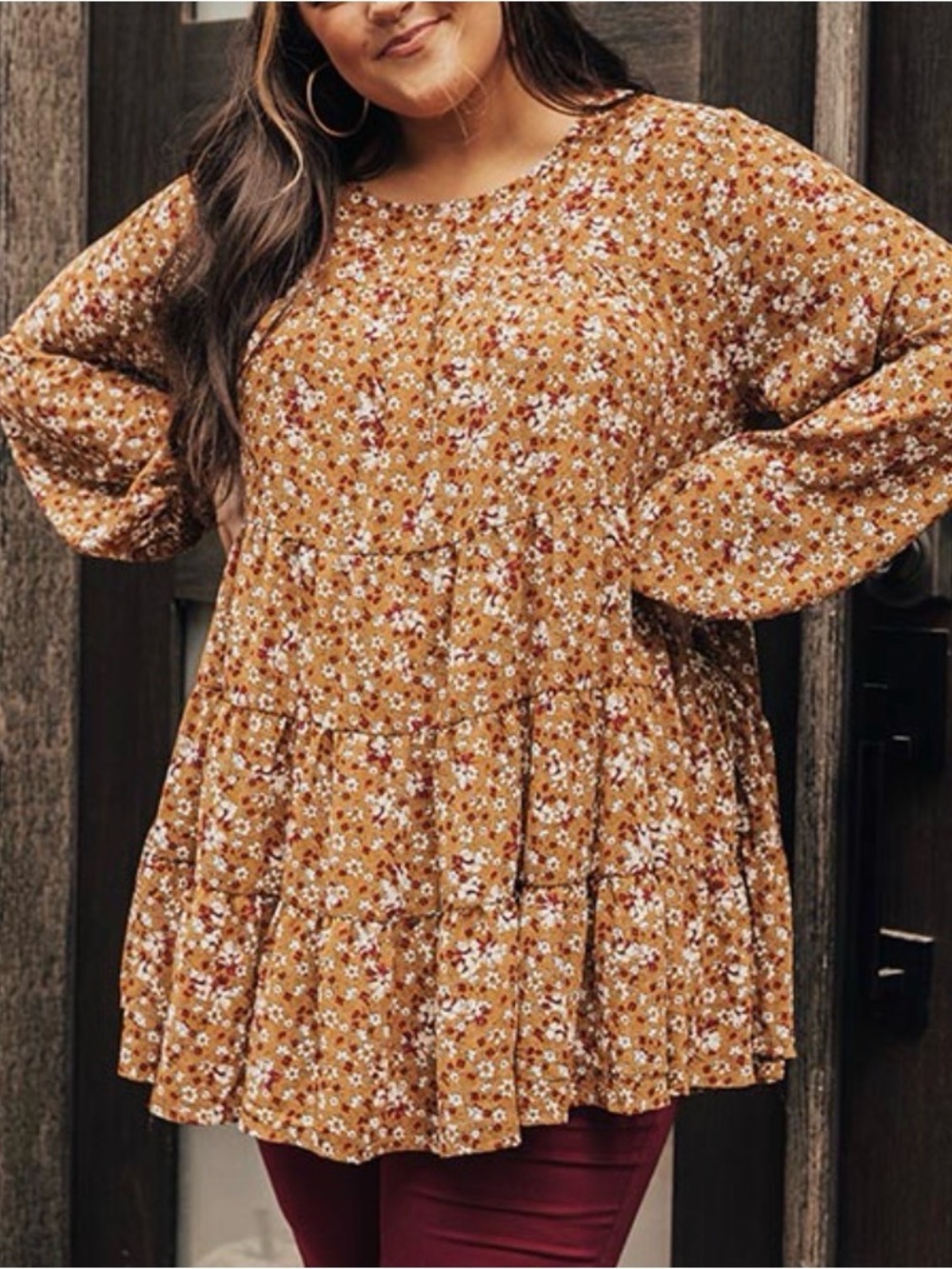 Women's Mustard Floral Peasant Tunic Top size 1X Fall Cottagecore Boho